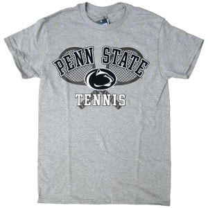 heather gray short sleeve t-shirt with Penn State arched above Athletic Logo, Tennis below, and two crossed rackets in back